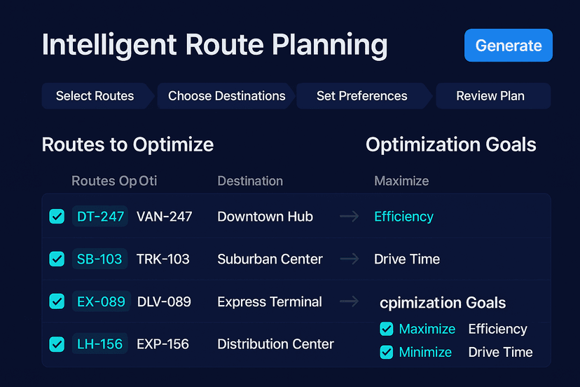 Route planning dashboard interface